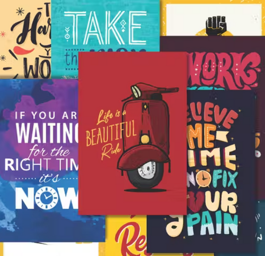 Collage of motivational posters with text and a scooter illustration on a red background.